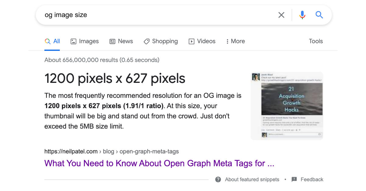 02-Aug-2021 - Google Featured Snippet for search phrase: OG Image Size